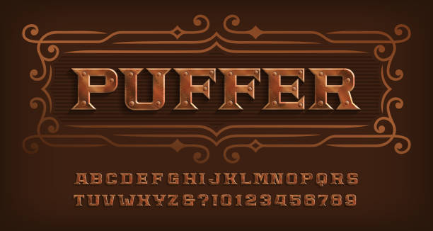 schriftart des puffer-alphabets. steam punk niet buchstaben und zahlen. - steampunk stock-grafiken, -clipart, -cartoons und -symbole