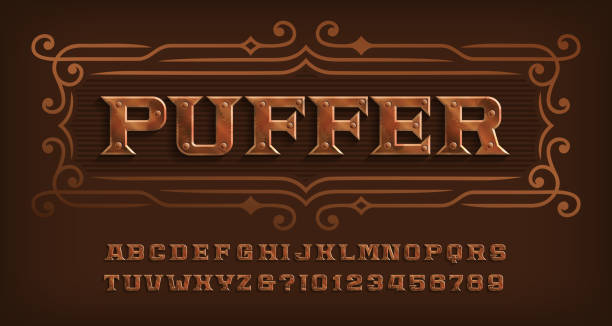Puffer alphabet font. Steam punk rivet letters and numbers. Puffer alphabet font. Steam punk rivet letters and numbers. Stock vector typescript for your design. steampunk stock illustrations