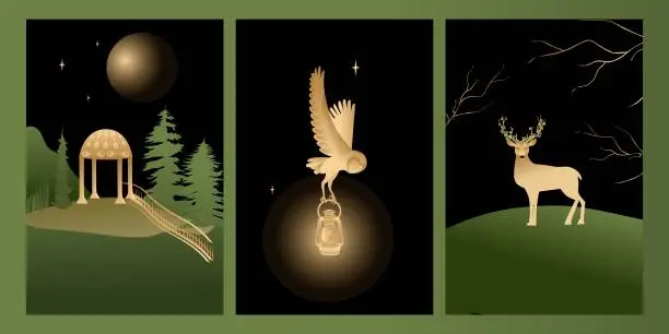 Vector illustration of Vector set mystic and elf theme, includes illustrations of house of elves, deer, owl. Black, green and gold colors with gradient for decoration, clipart