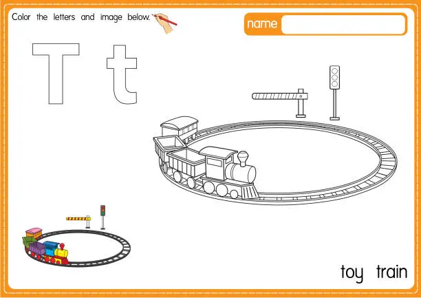 Vector illustration of Vector illustration of kids alphabet coloring book page with outlined clip art to color. Letter T for Toy train.