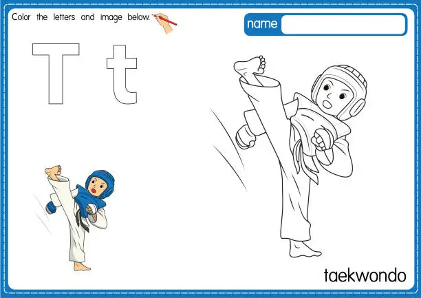 Vector illustration of Vector illustration of kids alphabet coloring book page with outlined clip art to color. Letter T for Taekwondo.