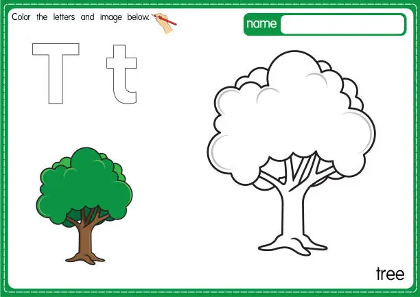 Vector illustration of Vector illustration of kids alphabet coloring book page with outlined clip art to color. Letter T for Tree.