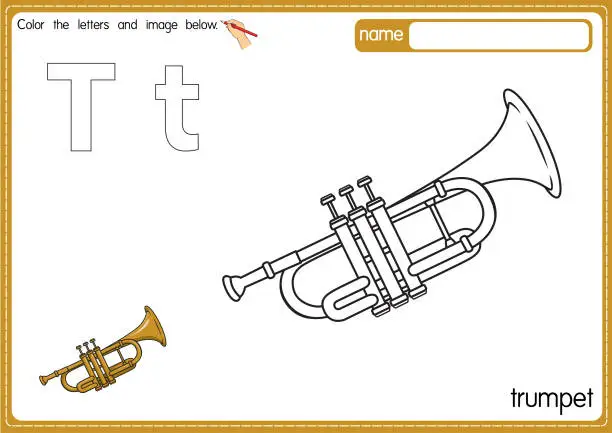 Vector illustration of Vector illustration of kids alphabet coloring book page with outlined clip art to color. Letter T for Trumpet.