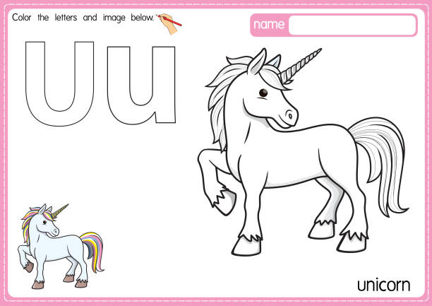 Vector illustration of kids alphabet coloring book page with outlined clip art to color. Letter U for Unicorn. Vector illustration of educational alphabet coloring page with cartoon for kids. Uppercase and lowercase letter for coloring, tracing, writing, do-a-dot, sticker, cut and paste, kids learning page. pony stock illustrations