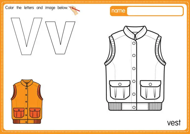 Vector illustration of Vector illustration of kids alphabet coloring book page with outlined clip art to color. Letter V for Vest.