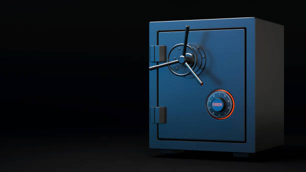 istock Error access of safe box opening. Vault with red opening indicator. Business and finance concept. Safe security of deposit. 3d illustration. 3d render. 1329307692