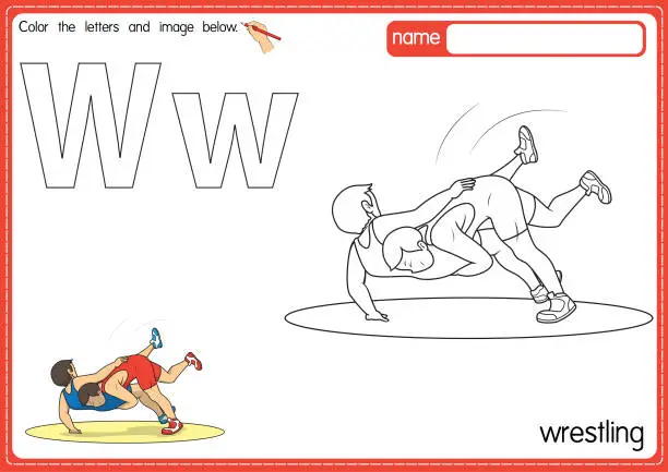 Vector illustration of Vector illustration of kids alphabet coloring book page with outlined clip art to color. Letter W for Wrestling.