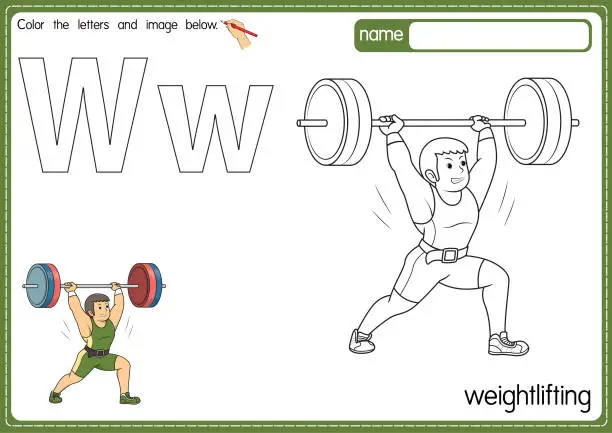Vector illustration of Vector illustration of kids alphabet coloring book page with outlined clip art to color. Letter W for Weightlifting.