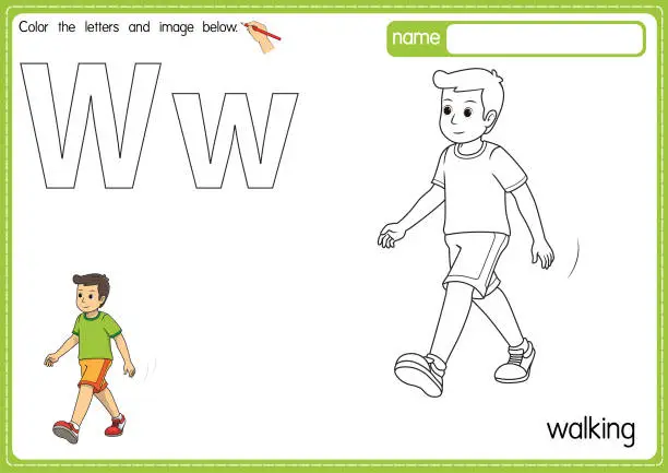 Vector illustration of Vector illustration of kids alphabet coloring book page with outlined clip art to color. Letter W for Walking.