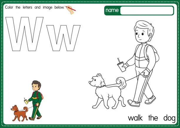 Vector illustration of Vector illustration of kids alphabet coloring book page with outlined clip art to color. Letter W for Walk the dog.