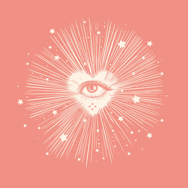 All seeing eye with heart and stars Line art vector of an All seeing eye with heart and stars chakra illustrations stock illustrations