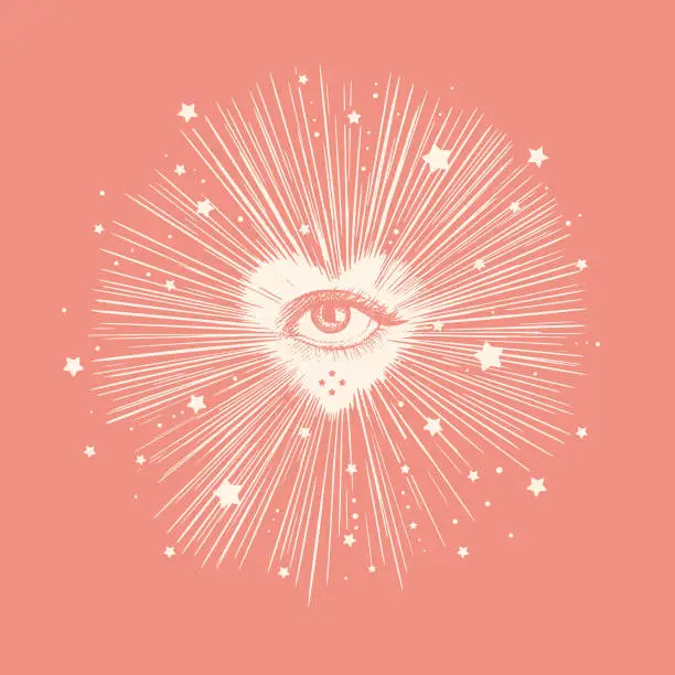 Vector illustration of All seeing eye with heart and stars