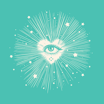 Line art vector of an All seeing eye with heart and stars
