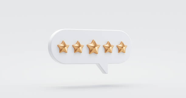fünf gold-sterne-bewertung kundenerfahrung qualität service ausgezeichnetes feedback-konzept auf beste bewertung zufriedenheit hintergrund mit flachem design ranking icon symbol. 3d-rendering. - perfection stock-fotos und bilder