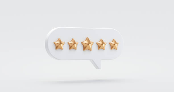 istock Five gold star rate review customer experience quality service excellent feedback concept on best rating satisfaction background with flat design ranking icon symbol. 3D rendering. 1329308923