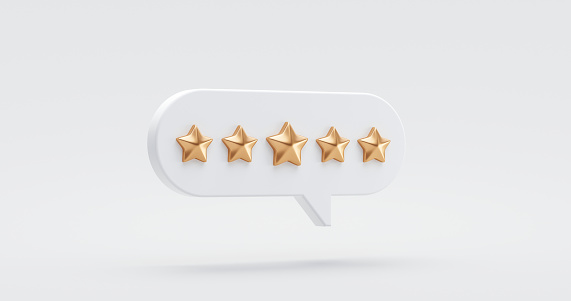 Five gold star rate review customer experience quality service excellent feedback concept on best rating satisfaction background with flat design ranking icon symbol. 3D rendering.