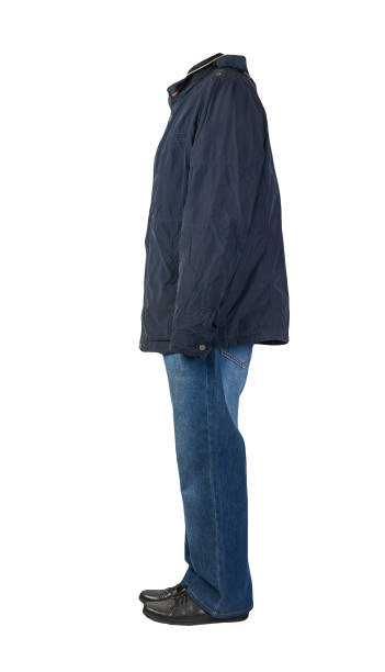 istock dark blue jeans, black leather shoes, jacket isolated on white background. 1329310944