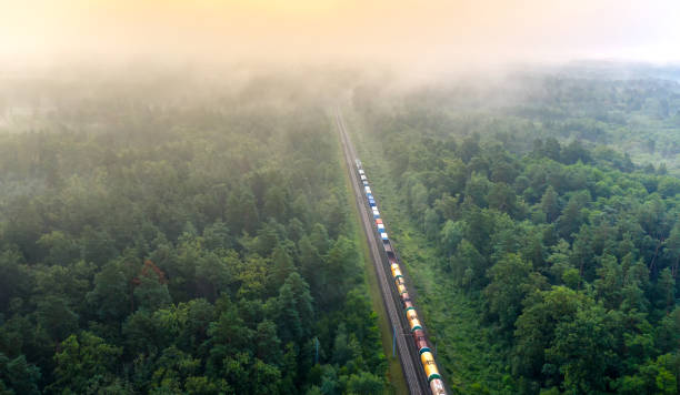 istock A freight train travels through a foggy forest. 1329311709