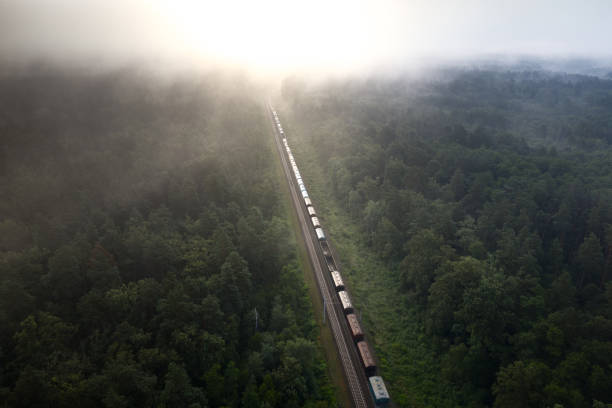 istock A freight train travels through a foggy forest. 1329311728
