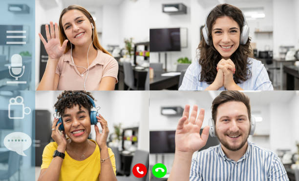 istock Team working by group video call, four multiethnic young people, application advertising concept of easy and comfortable use, video conference, coworking 1329312505
