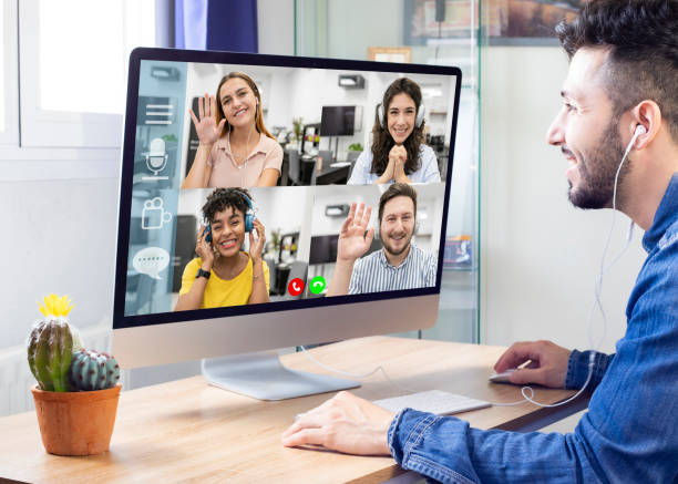 istock Families communicating remotely via video conference can be seen on a laptop screen. Making video calls enjoy communication, virtual 1329312512