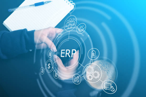 istock Erp enterprise system software for planning business and project management for best solution in production, strategy, development and marketing concept 1329312605