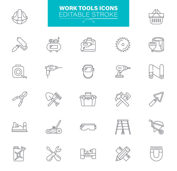 illustrations, cliparts, dessins animés et icônes de woork tools icônes contour modifiable. contient des icônes telles que clé, quincaillerie, outils, tournevis, vis, pinceau - work tool wrench toolbox hardware store