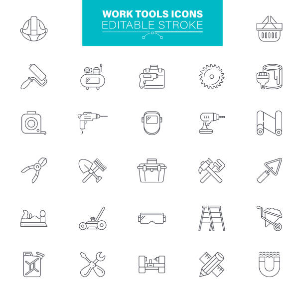 Woork Tools Icons Editable Stroke. Contains such icons as Wrench, Hardware Store, Tools, Screwdriver, Screw, Paintbrush Hardware Outline Icons, Construction Equipment, Work Tool, Repairing hardware store stock illustrations