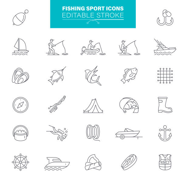 Fishing Sport Icons Editable Stroke. Fly-fishing, Recreational Pursuit, Fishing Equipment, Illustration Fisherman, Fish, Equipment , Outline , Editable Icon Set fishing illustrations stock illustrations