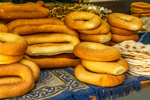 Fresh and tasty arab bagels and pitas on sale in the traditional Jerusalem Shuk (Market) in the Old City
