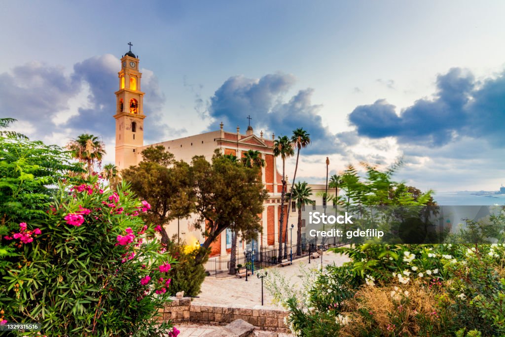 View of St. Peter's Catholic Church in Jaffa early in the morning Ancient Stock Photo