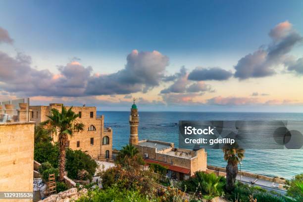 View Of The Sea Mosque In The Old Town Of Jaffa In Israel With A Colorful Sunrise Stock Photo - Download Image Now