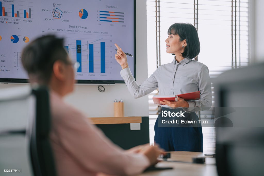 Asian Malay woman with dental braces confidently presenting to her colleague in conference room with television screen presentation Sales Occupation Stock Photo