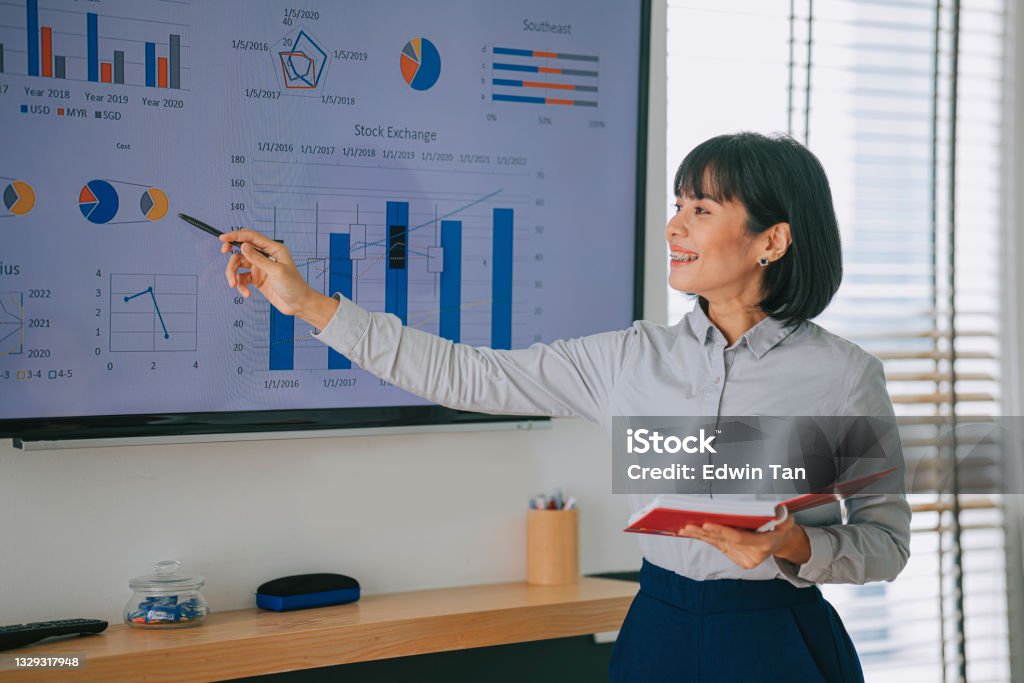 Asian Malay woman presenting to her colleague in conference room with television screen presentation Asian Malay woman presenting in conference room with television screen presentation Analyzing Stock Photo