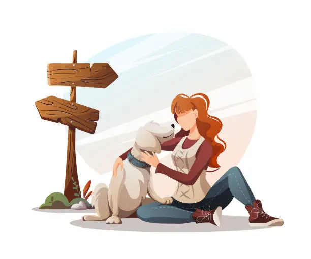 Vector illustration of Woman with retriever dog sitting  near the guidepost. Summertime camping, traveling, trip, nature, journey, pet, dog walk concept.