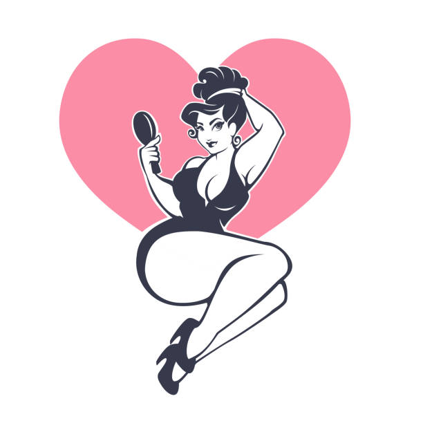 happy plus size pinup girl on heart shape background happy plus size pinup girl on heart shape background pin up girl stock illustrations