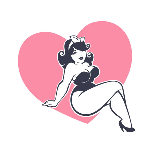 happy plus size pinup girl on heart shape background happy plus size pinup girl on heart shape background pin up girl stock illustrations