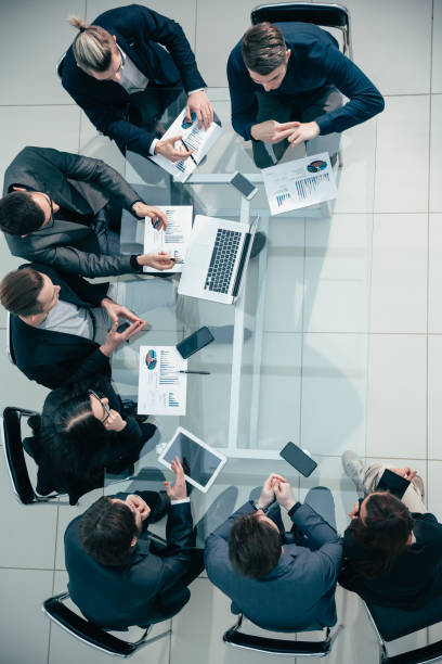 top view. business team discussing financial data stock photo