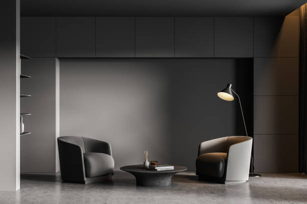 istock Minimalistic grey living room with two armchairs and coffee table 1329319918