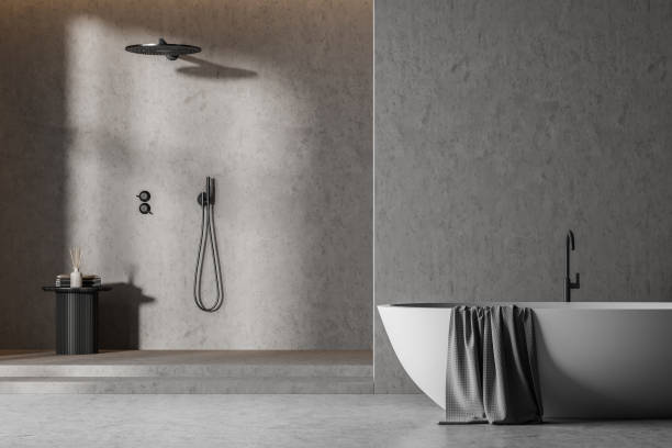 istock Bathroom interior with minimalist shower and bathtub with mockup 1329319942