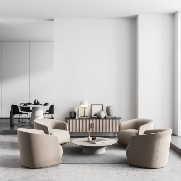 White living room and dining room interior
