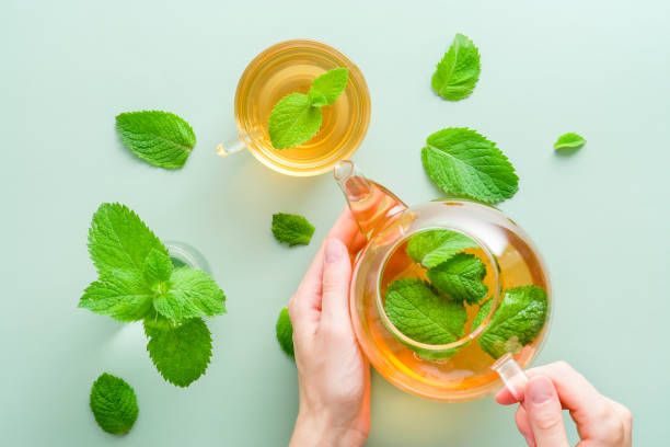 istock Woman preparing fresh mint mint tea. Flat lay, top view. 1329321164