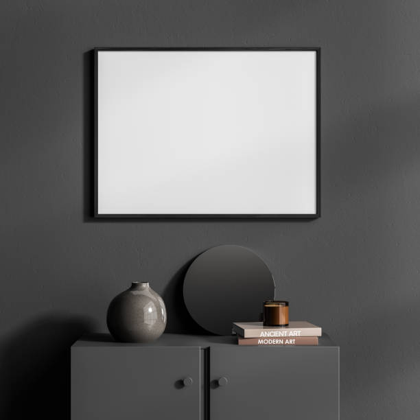 istock Grey exhibition room interior with drawer and decoration, mockup poster 1329321166