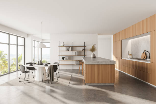 istock White and wooden kitchen interior with bar and table 1329321740