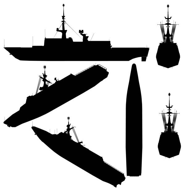 ilustraciones, imágenes clip art, dibujos animados e iconos de stock de ambientado con siluetas de un barco de combate en varias posiciones aislado sobre un fondo blanco. ilustración vectorial - destroyer