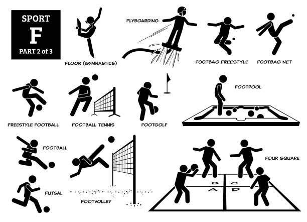 Sport games alphabet F vector icons pictogram. Floor gymnastic, flyboarding, footbag freestyle, net, freestyle football, football tennis, footgolf, footpool, futsal, footvolley, and four square. bean bag illustrations stock illustrations