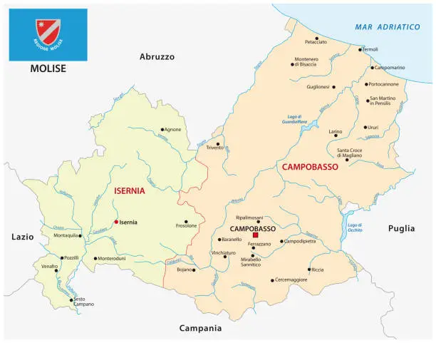 Vector illustration of Molise administrative and political map with flag