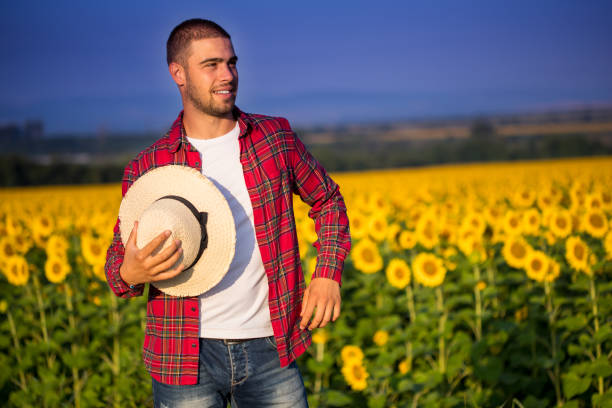 istock Farmer standing in sunflower field 1329331124