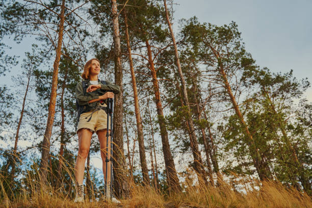 istock Inspired lady looking ahead while leaning on walking poles 1329332050