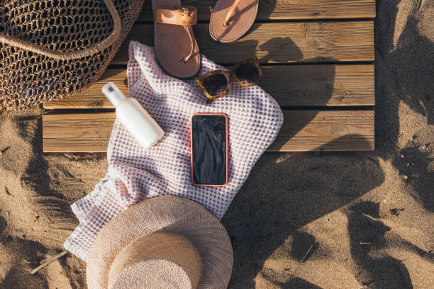 istock Beach Essentials in an Overhead Composition, Summer Travel Concept 1329334385